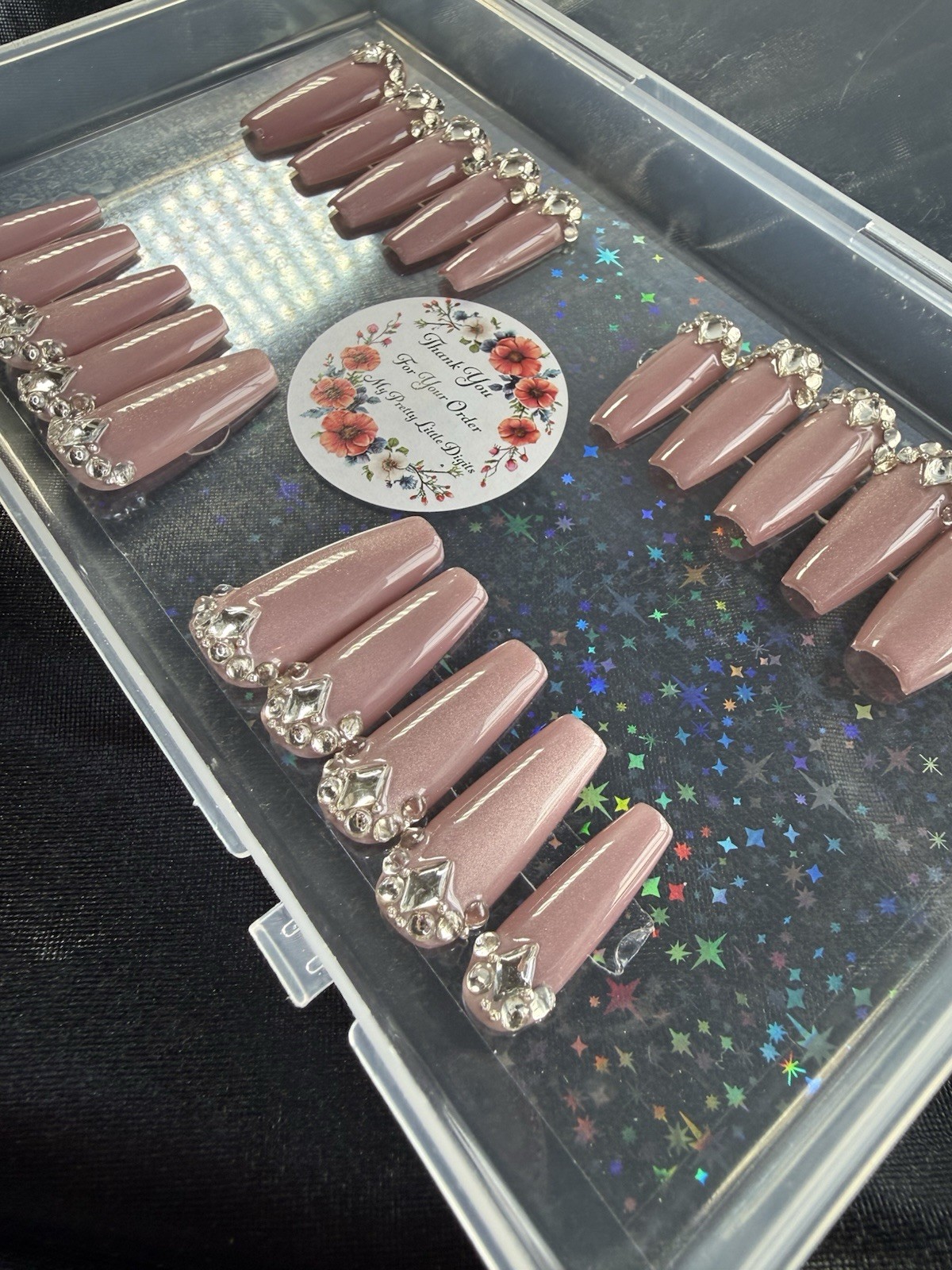 Handmade Press On Nails, Mauve With Diamond Setting In XL~Includes Free Gifts💝