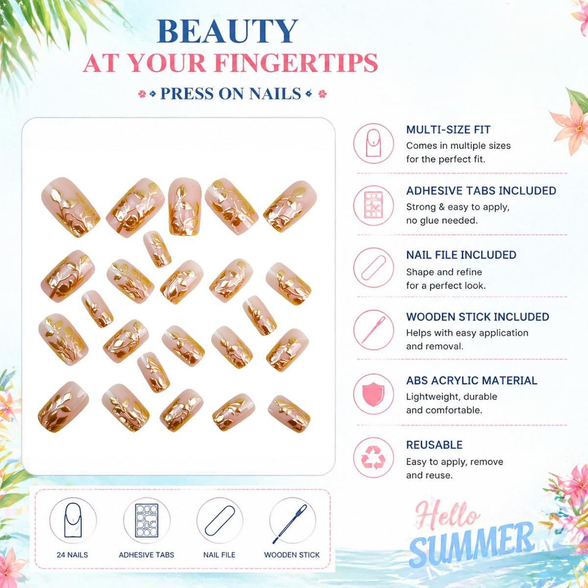 Gold Press on Nails Short Square Nude Fake Nails with Chrome Gold Foil Leaf Desi