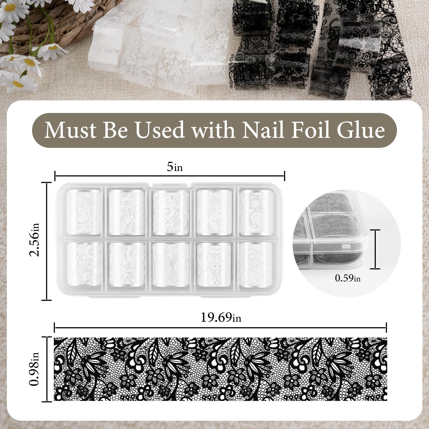 Lace Nail Foils,20 Rolls 2 Boxes Black and White Nail Art Transfer Stickers, Hol