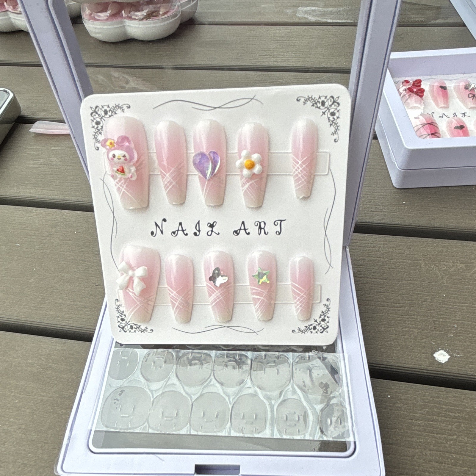 Pink/White Press-On Nails Long Coffin Full Cover Pre-Designed Shiny Flowers