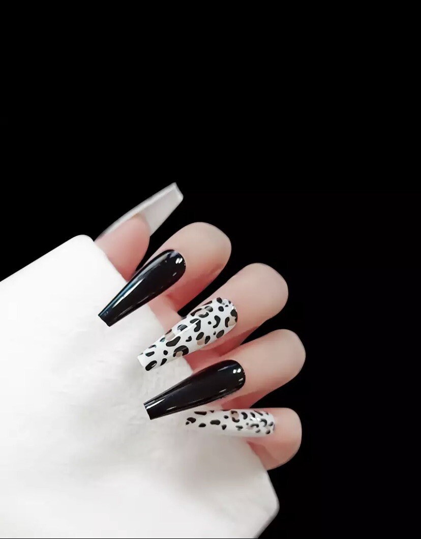 Leopard Black Long Coffin Press On Nails 24 Pc Nail Set Fake False Glue On