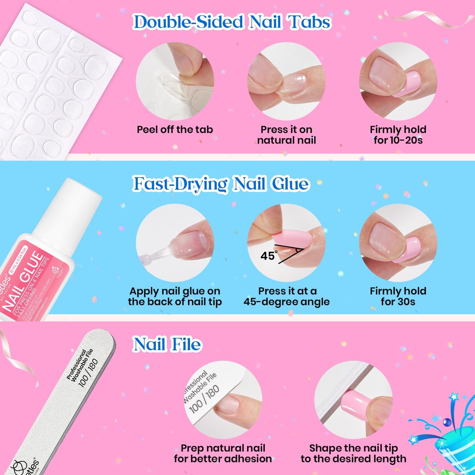 720Pcs Press on Nails Kit – 24 Colors Short Almond Glossy Matte Glitter, Nail Gl