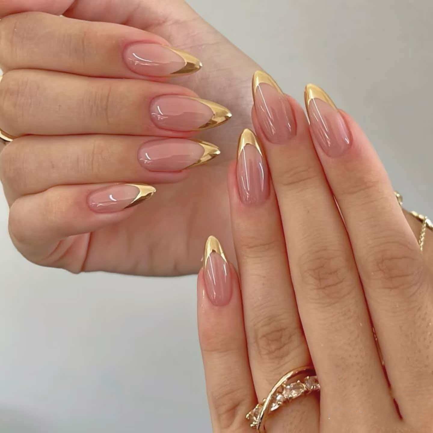 24pcs Simplistic French Golden-Edge Mirror Powder Press-On Nails, Short Almond