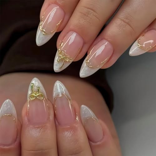 24pcs White French Tip Press On Nails, Almond Fake Nails with 3D Bow, Acrylic