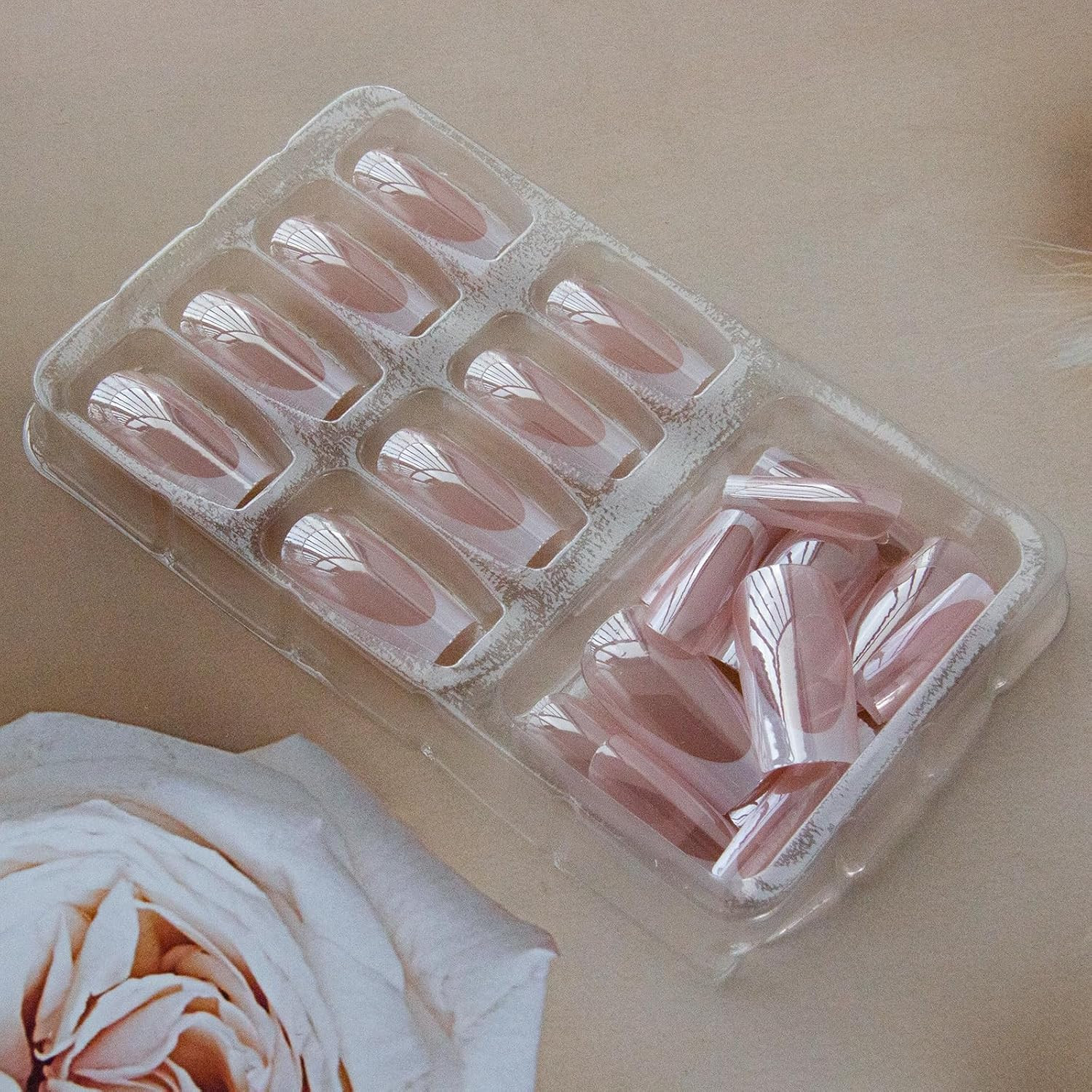French Tip Press on Nails Square Medium Fake Nails Chrome Mirror Acrylic Nails P