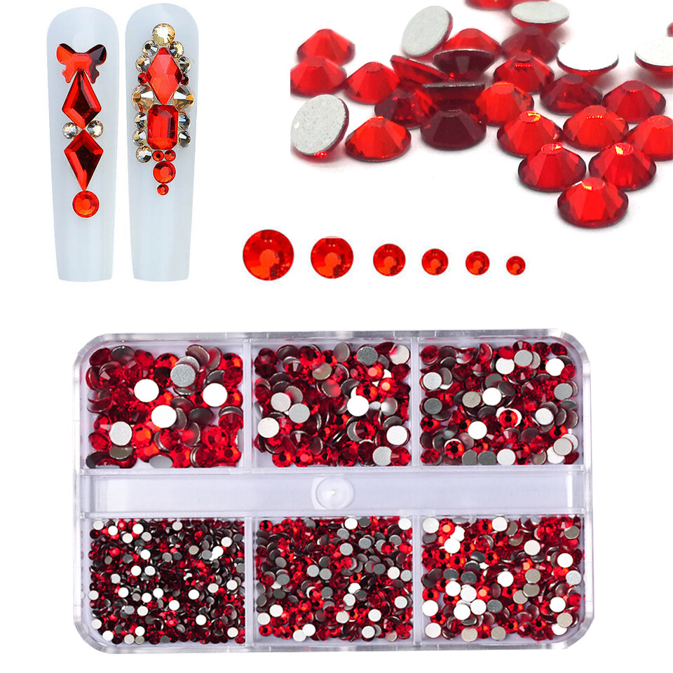 No Hotfix Nail Art Rhinestones 6 Grids SS4-SS16 Flat Back Crystal With tools