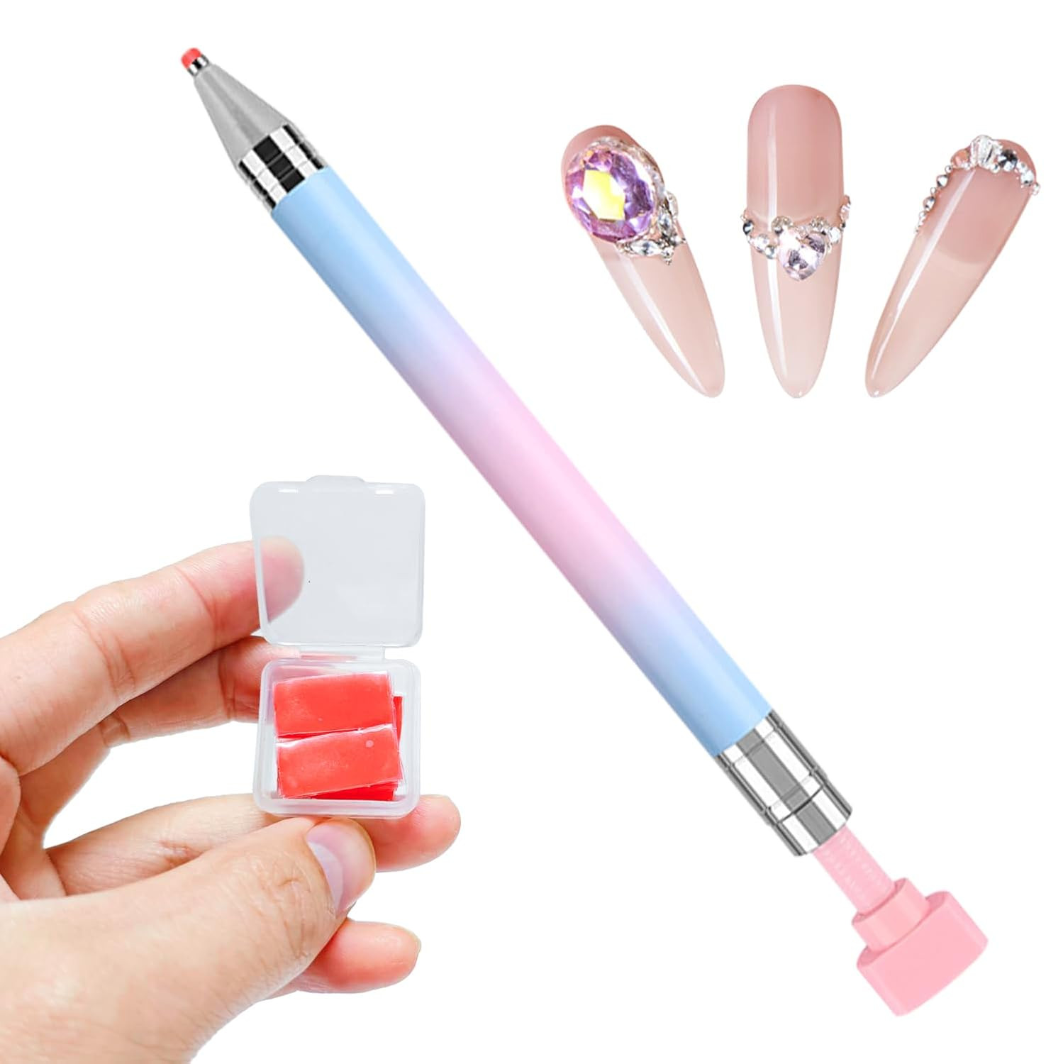 1 PCS Nail Art Rhinestone Picker Pens with 1 Box Spare Silicone Clay Tool Blue P
