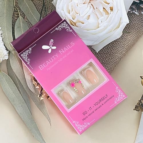 Press on Nails Duck Shaped Glossy Full White French and Pink Floral Rhinestone