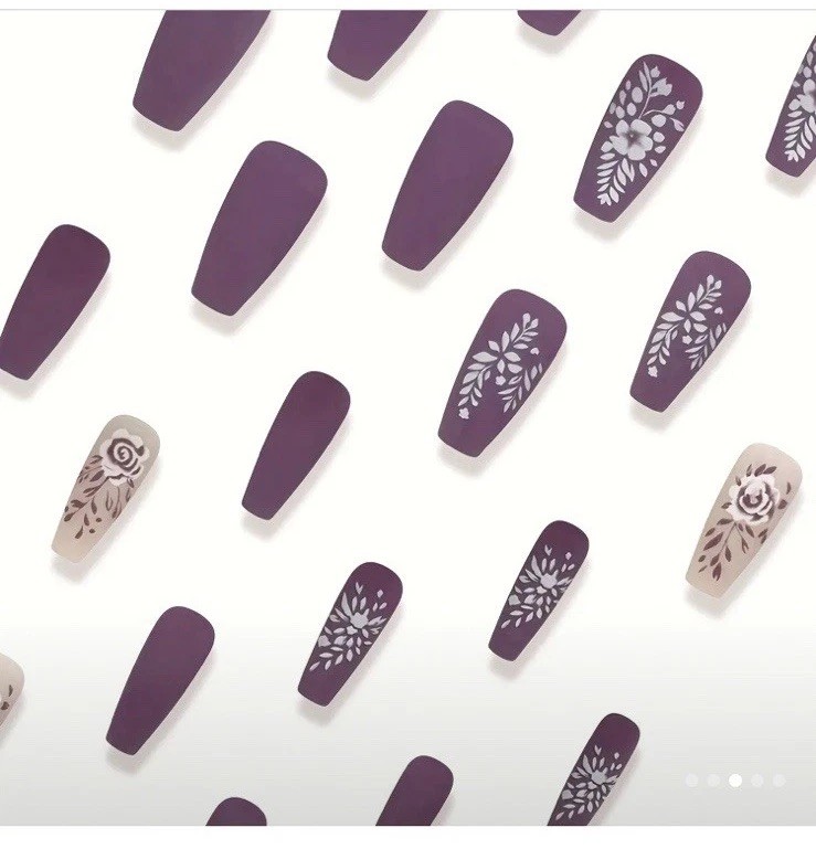 24pcs Purple Grey Floral Femme Coffin Nail Tips Finished Boxed Nails Glue & Tabs