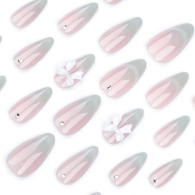 24pcs Sweet Cat Eye French Press on Nails 3D Bow Knot Almond Fake Nail for Women