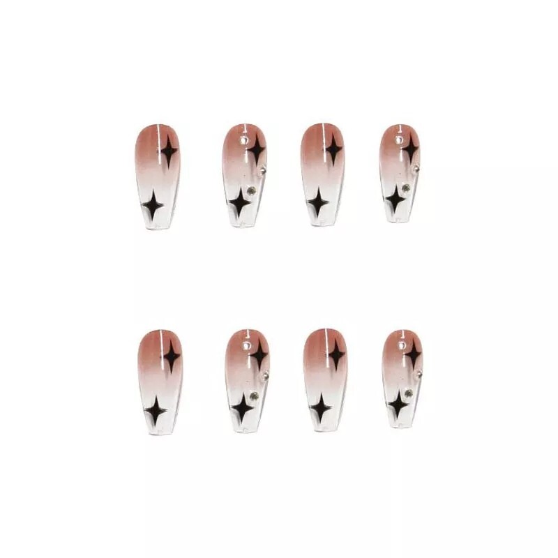 24 Jelly bling Press on nails with glue black stars Coffin ombre clear
