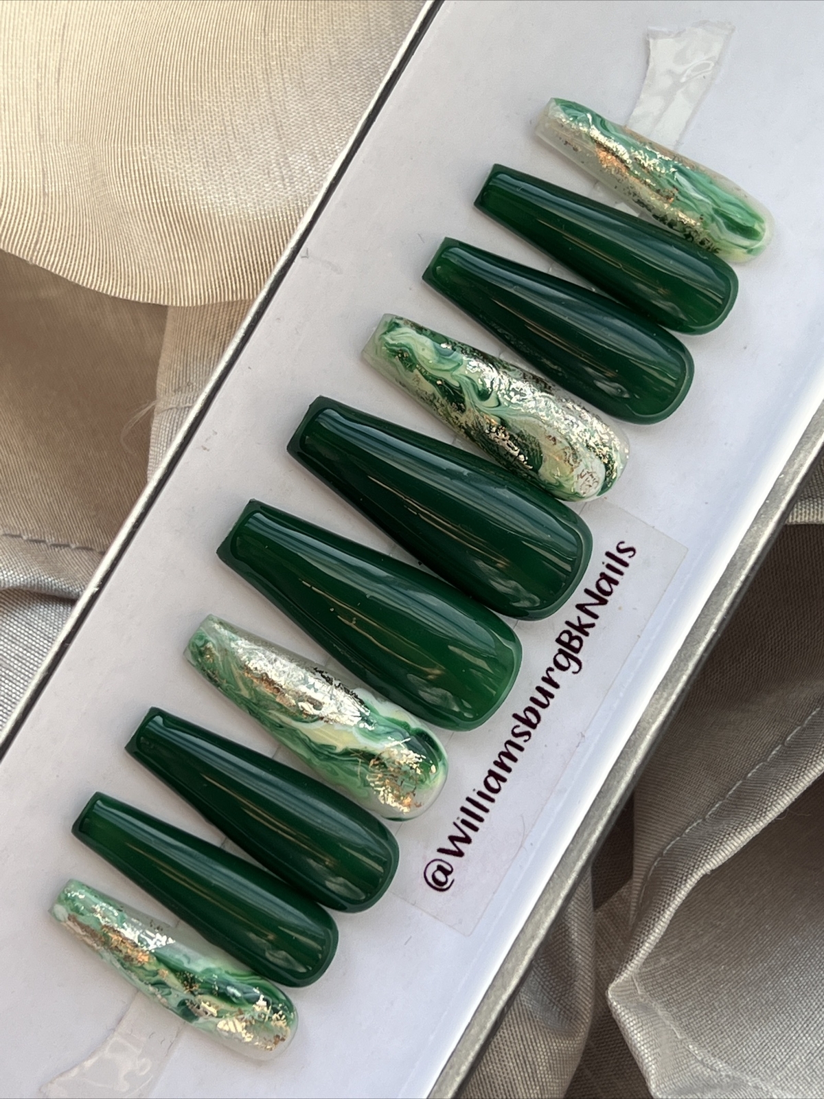 ✨ORIGINAL LUXURY Gel Press On Nails, Green Gold Flakes Coffin, 10p W/ kit MED