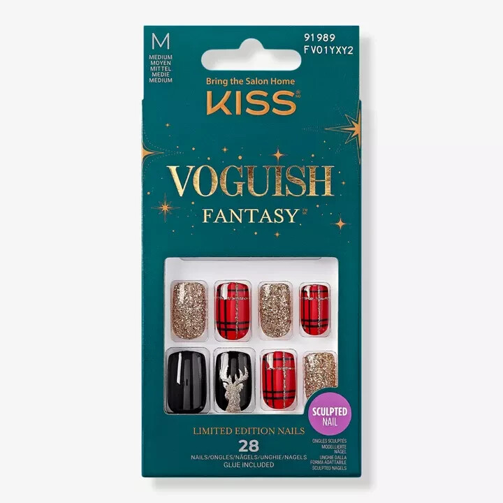 KISS MINTED Voguish Fantasy Nails ~ FV01YXY2 91989~ Med Square~ Holiday Reindeer