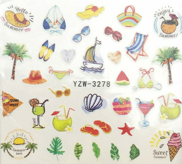Nail Art Water Transfer Sticker Palm Tree Beach Summer Girl Party Coconut Decals