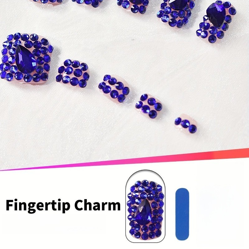 48Pcs-Blue Sapphire Rhinestone Press on Nails Glossy Short Square Nail Art Set