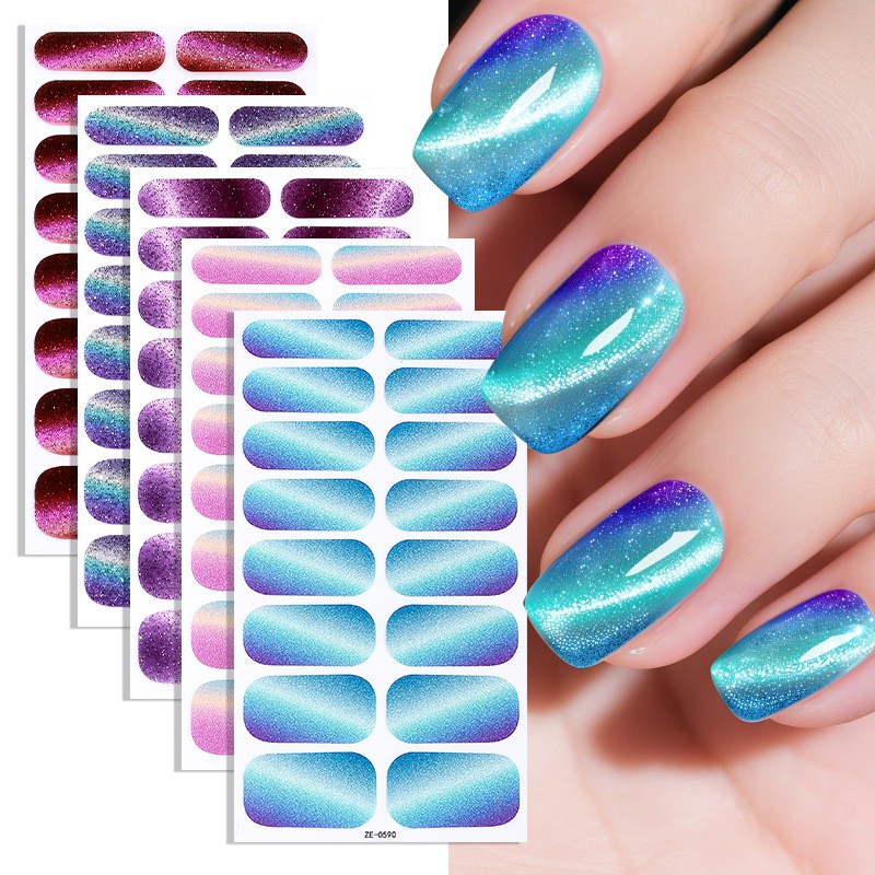 10Pcs Cat Eye Gel Nail Wraps Glitter Flake Full Cover Nail Stickers Western