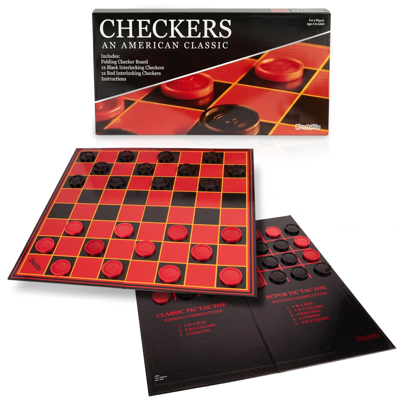 Kangaroo – Multiplayers Strategy Checker Board 15 x 15 inches, Red and Black