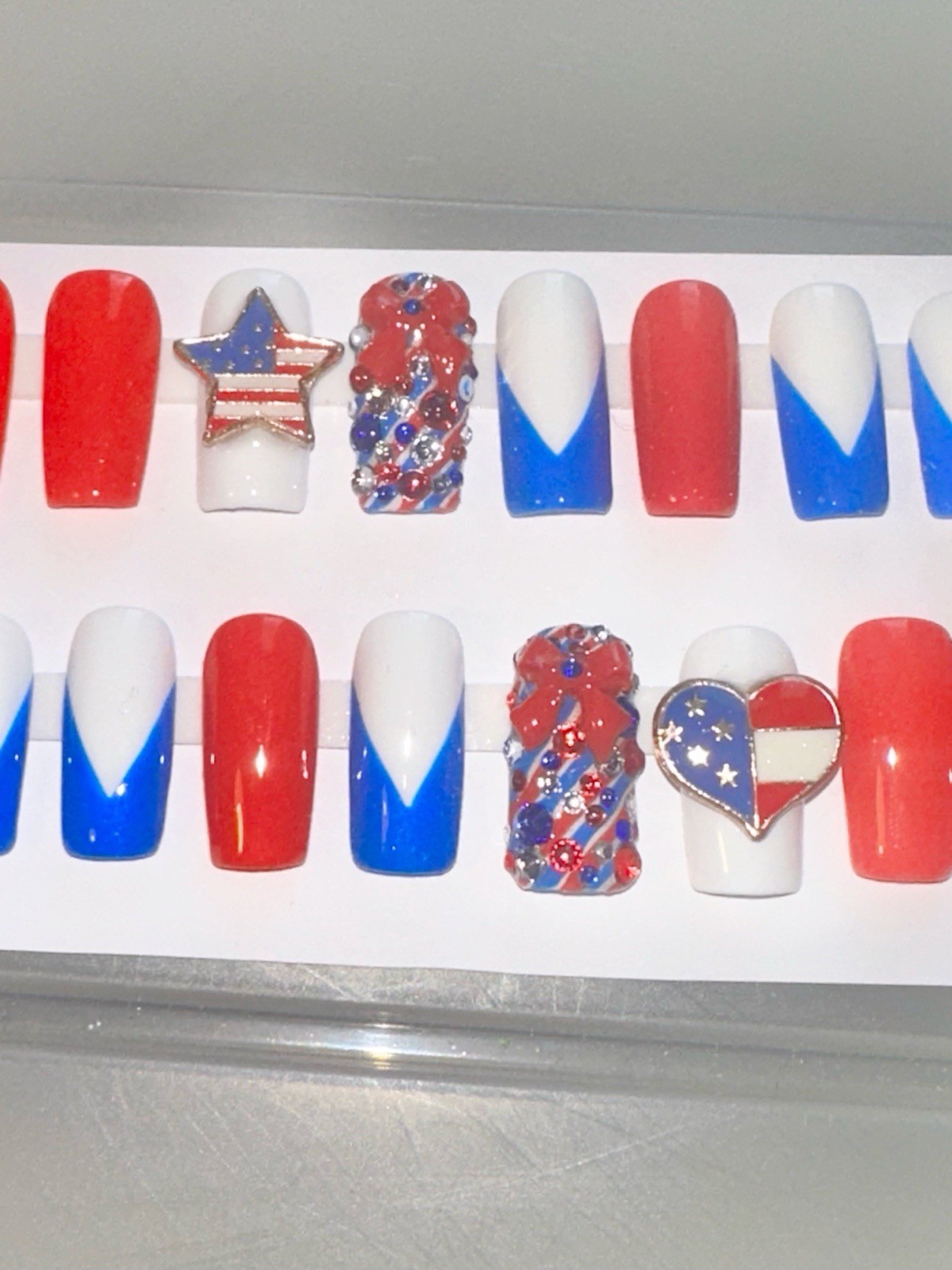 Handmade Custom Press On Nails Med Length Square July 4th Nails Red White Blue