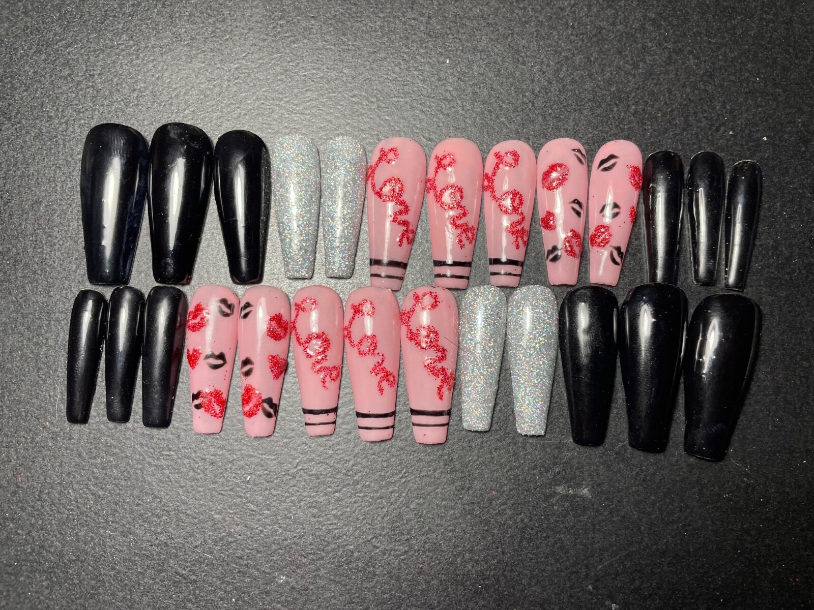 custom press on nails coffin 26 long lips love pink black sparkle silver heart