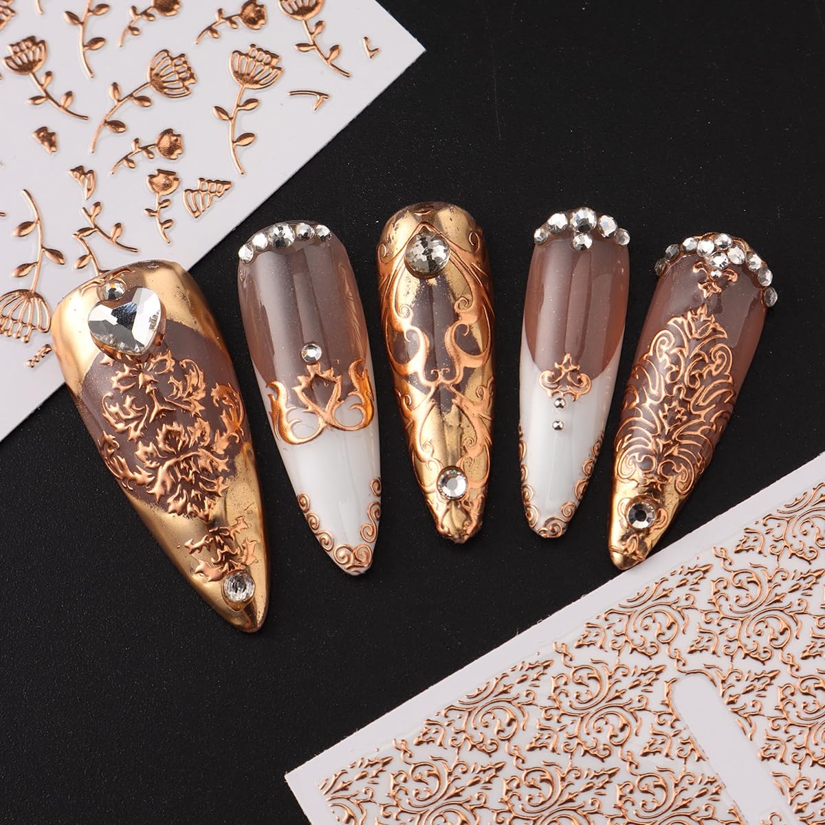 26 Sheets Rose Gold Nail Stickers Set, 3D Adhesive Nail Decals with Metal Geo…