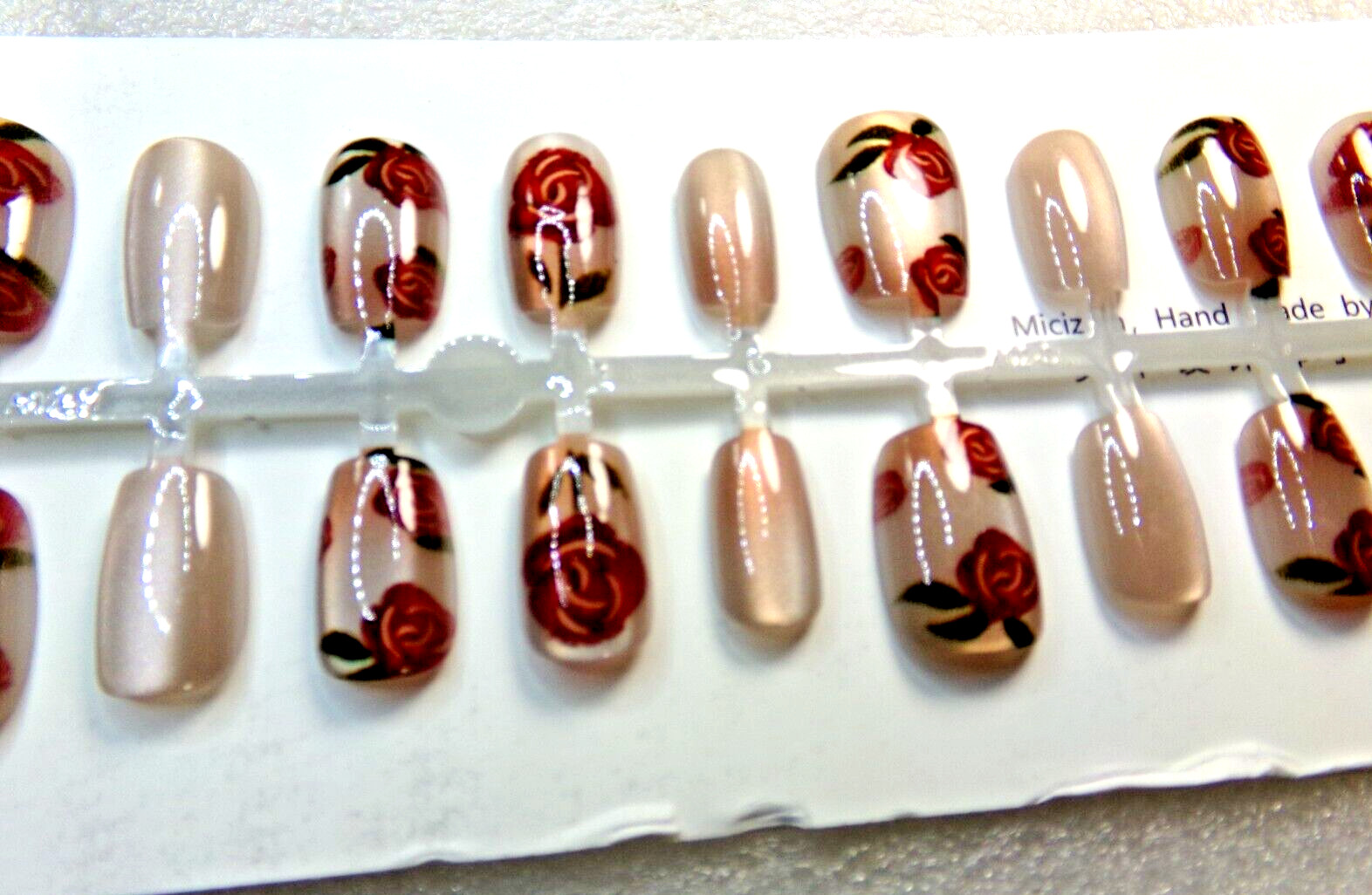 Micizian Nails Champagne Pink with Red Roses Design GLUE-On Short