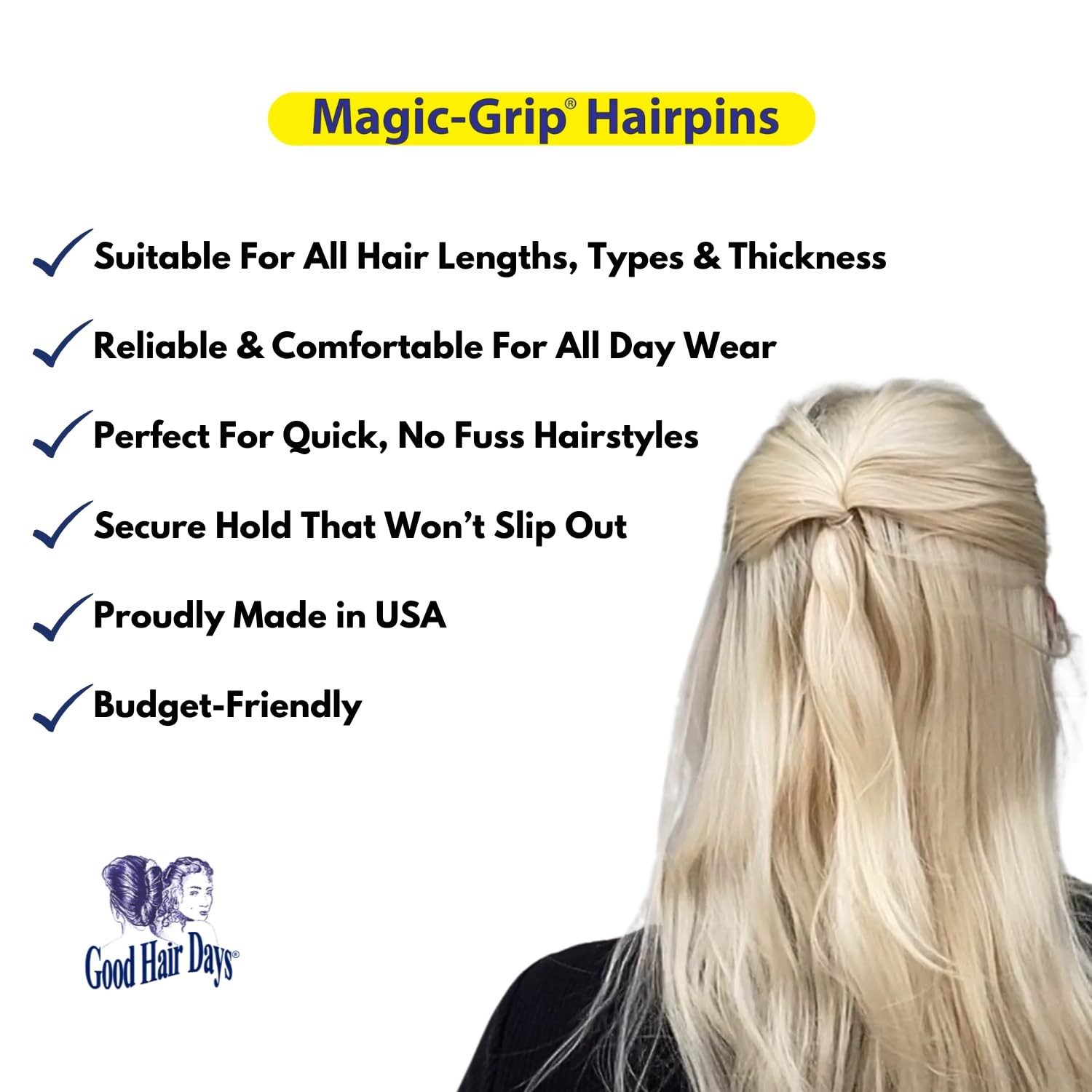 Good Hair Days Magic-Grip Hairpins – 2 1/2″ U-Shaped Grip Set of 10, Crystal