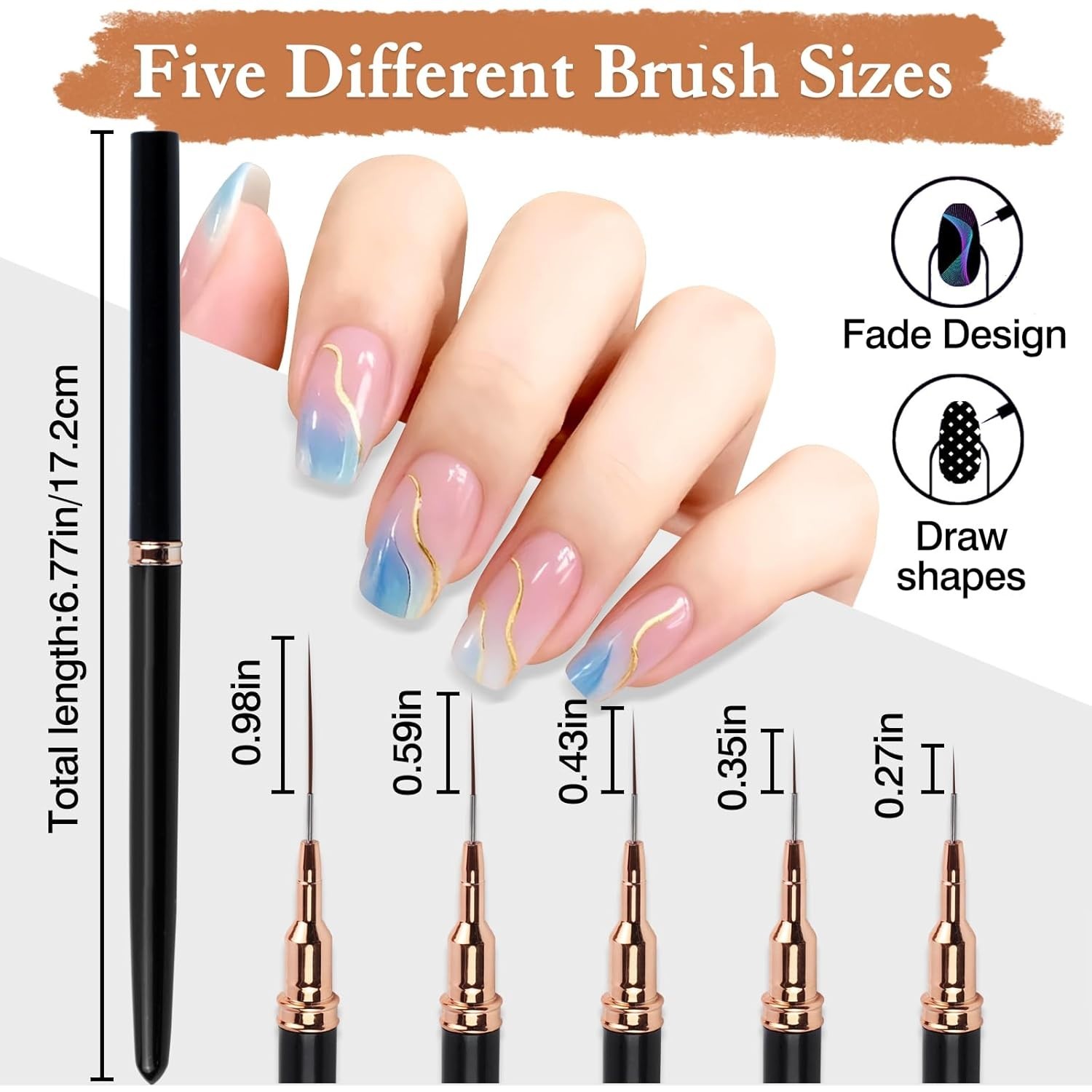 Artdone 5PCS Metallic Nail Art Liner Brushes Set, Black Fine Detail UV Gel