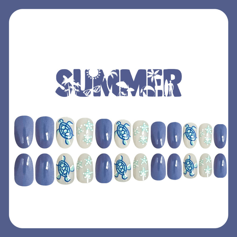 48 Pcs Blue Sea Turtle Press on Nails, Short Oval Starfish Glossy Fake Nails