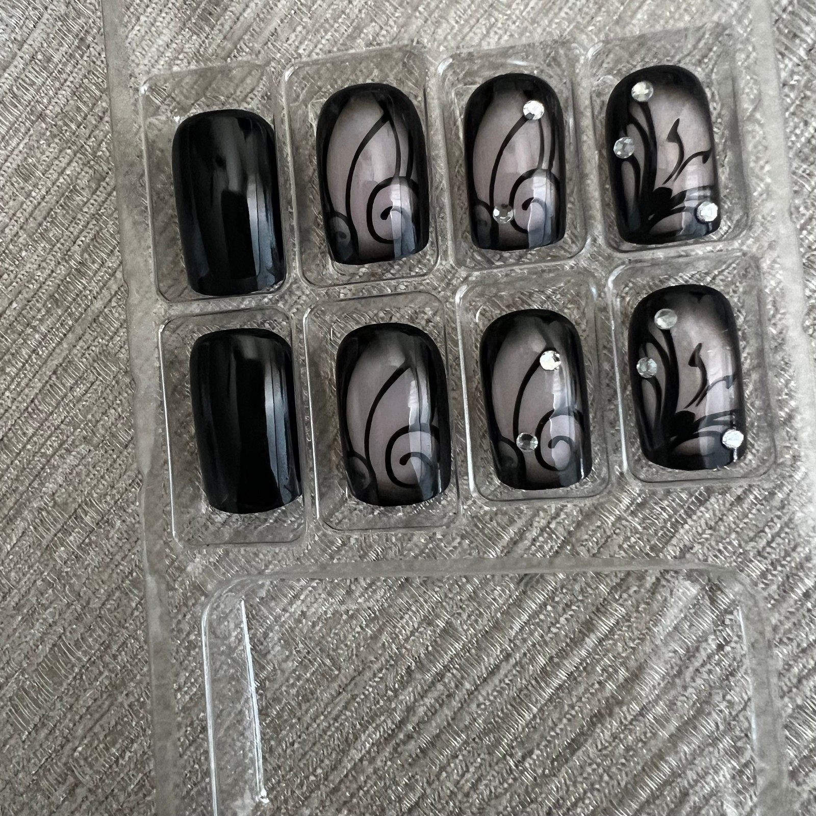 24 pcs Black Swirls on Nude w Rhinestones Medium Length Square Press on Nails