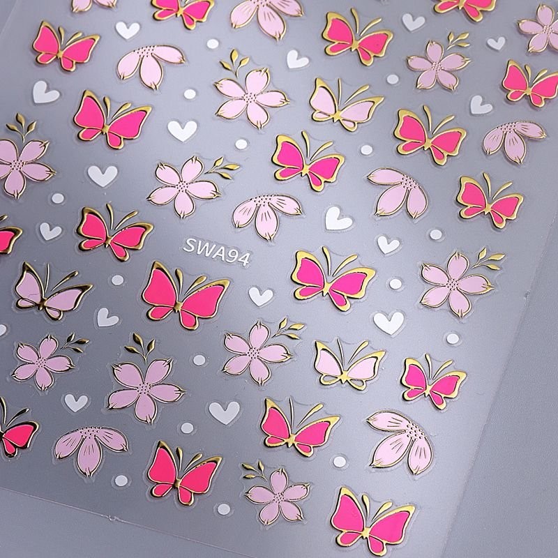 Pink Daisy Nail Art Sticker Gold Outline Rose Red Butterfly Spring Summer Floral
