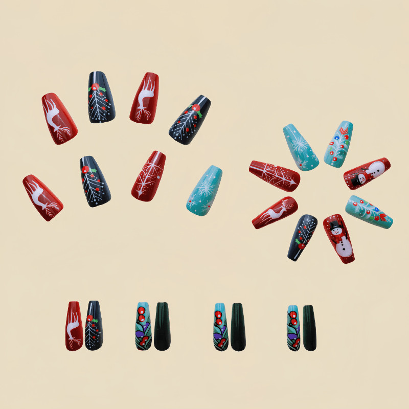 48P Long Coffin Press on Nails, Red Green Pine Deer Snowflake Fake Nails