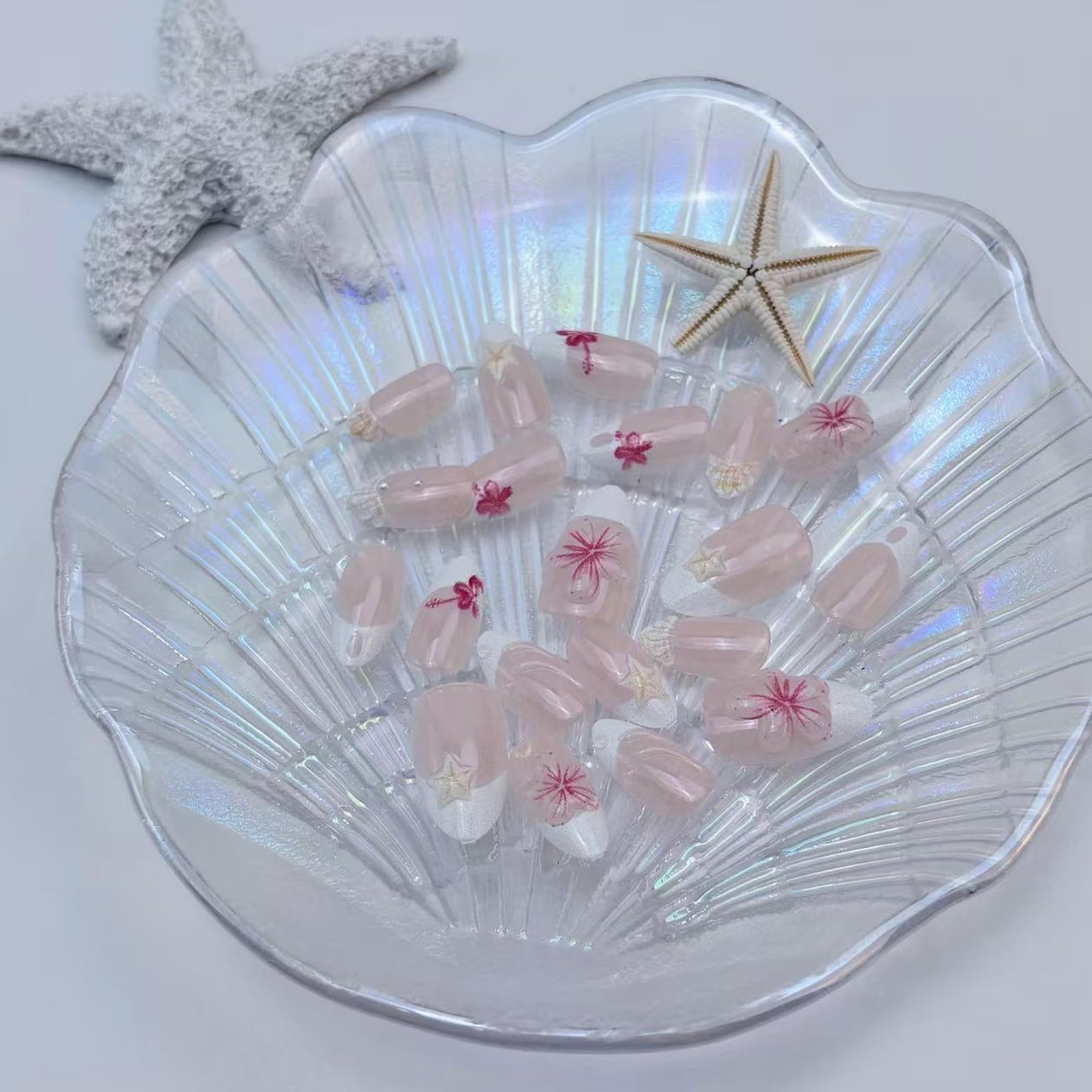 30Pcs Short Almond Press On Nails, Summer Beach Theme False Nails with 3D Pin…
