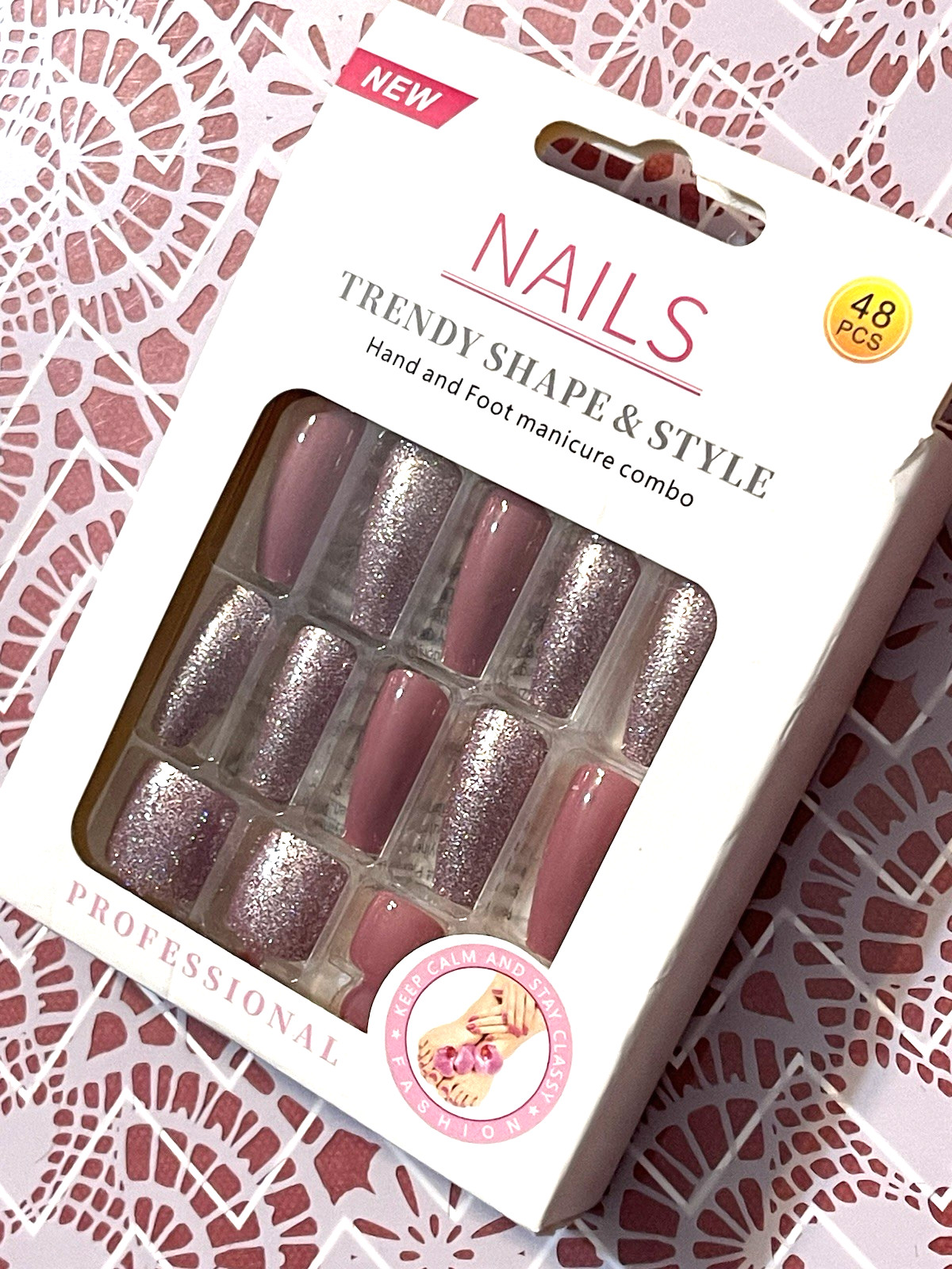 Nails Trendy Shape & Style PINK & GLITTER Long Coffin Finger & Toes Manicure Set