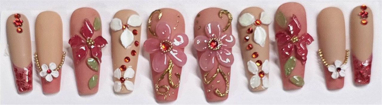 10 Pcs Press On Nails Gel Coffin Shape Flower Leopard Printed Animal + Kit M