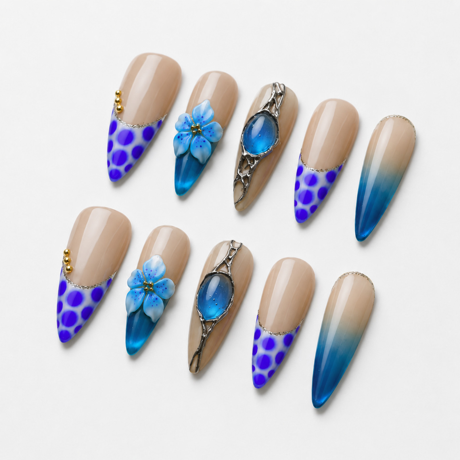 Handmade Blue Floral Press On Nails 3D Gem Nude Ombre Set