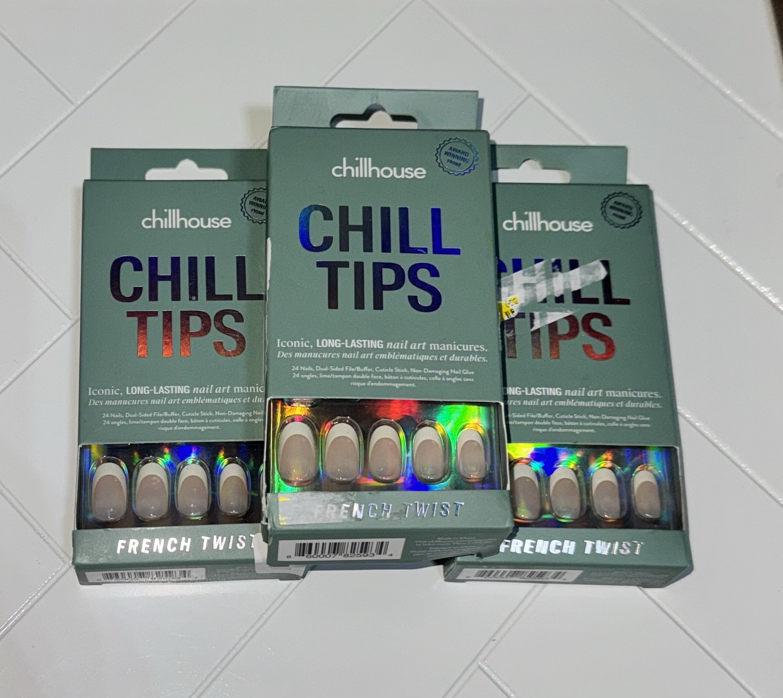 Lot 3 Chillhouse Chill Tips Fake Nails 24 Ct Ea French Twist Tip Natural Oval
