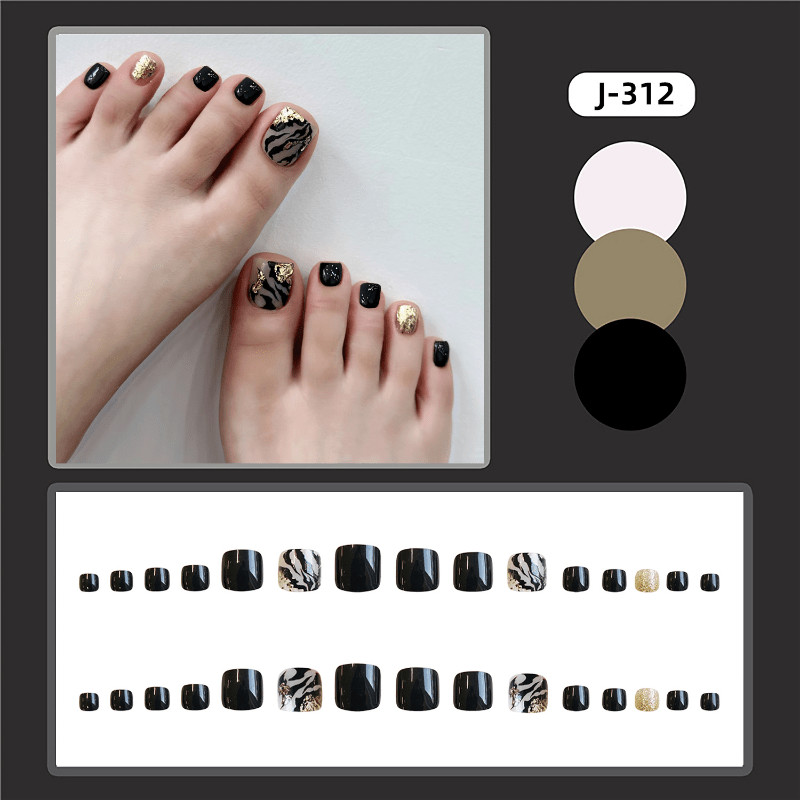 48Pcs Short Square Black Gold Zebra Press on Toe Nails Glitter Party Daily Nails