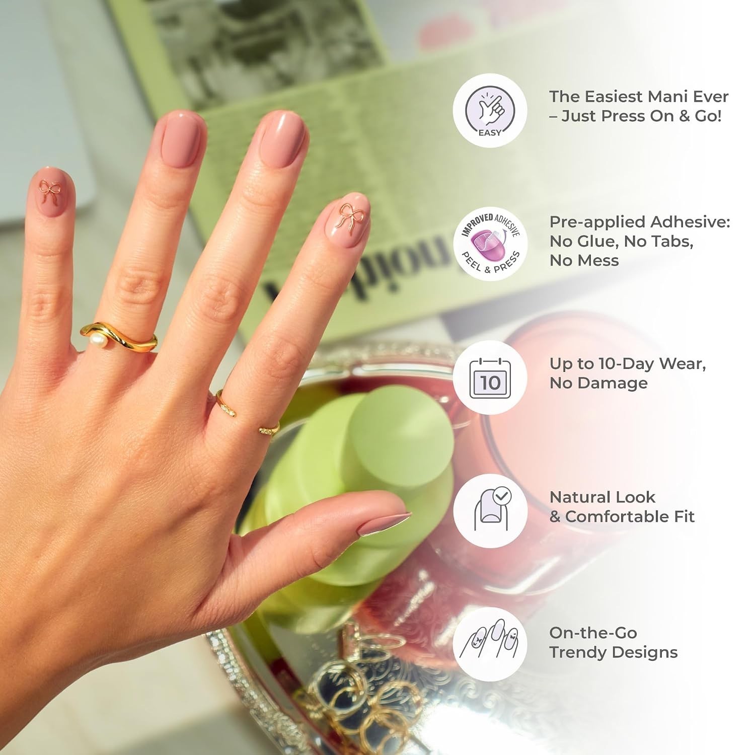 No Glue Mani Press On Nails, Design, ‘Even Better’, Pink, Short Size, Oval Sh…