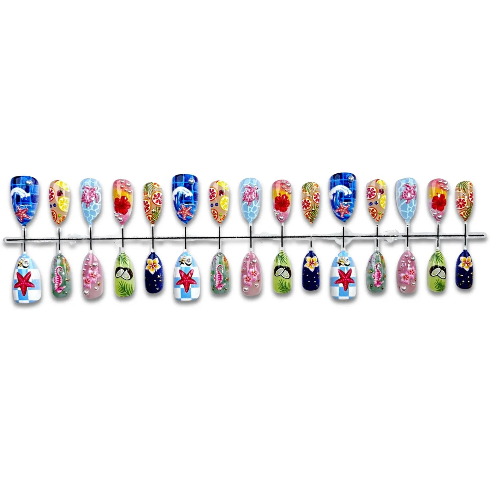 24PCS Summer Beach Press On Nails Almond Starfish Turtle Tropical Fake Nails
