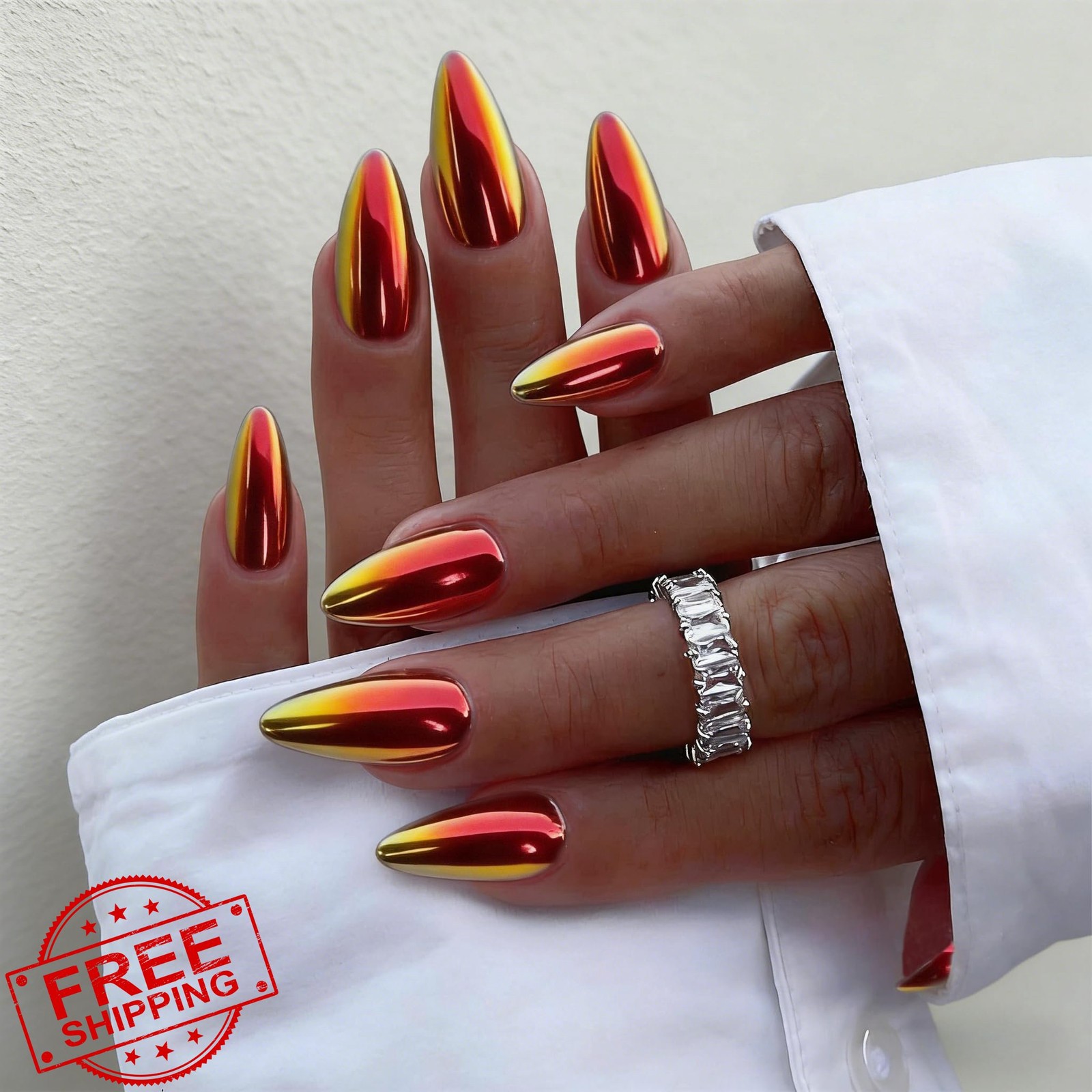 SXVME Chrome Orange Red Almond Fake Nails Stiletto Mirror
