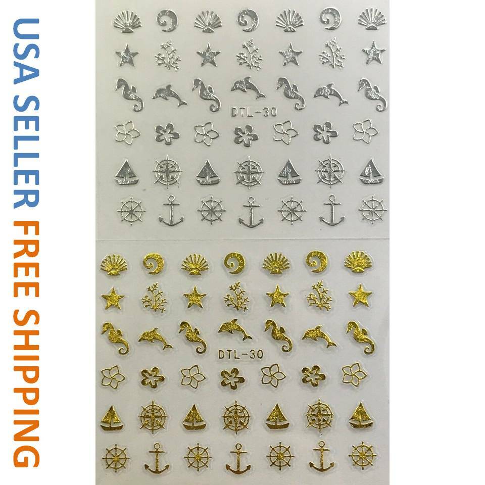 Nail Art 3D Decal Stickers Shells Sea Horse Dolphin Anchor Gold or Silver DTL30