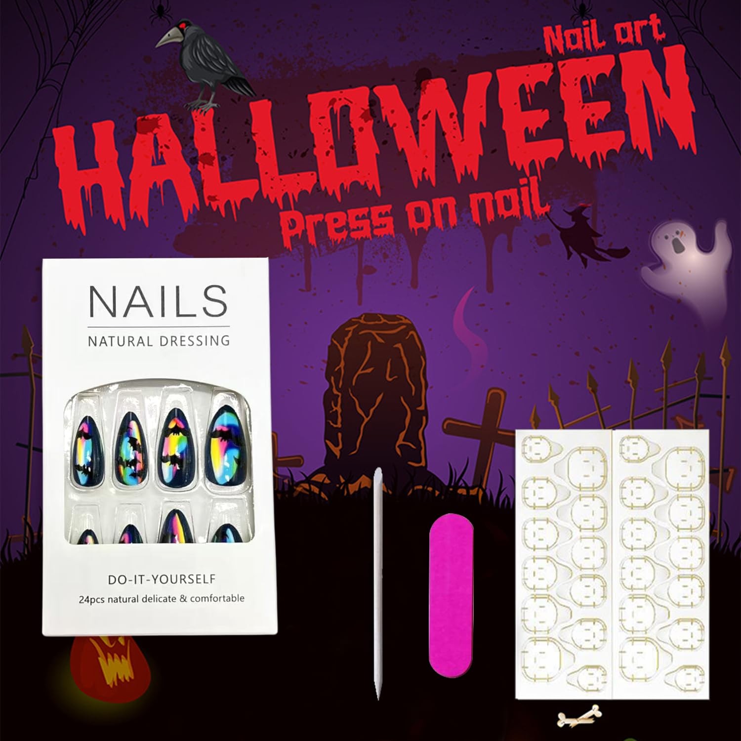 Rainbow Halloween Press on Nails Medium Almond Fake Nails Halloween Black Bat…
