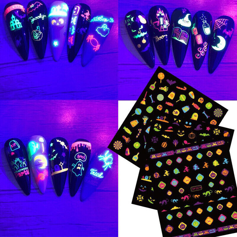 Luminous Halloween Pumpkin Ghost Skull 3D Nail Stickers Glow In Dark Decals NH16