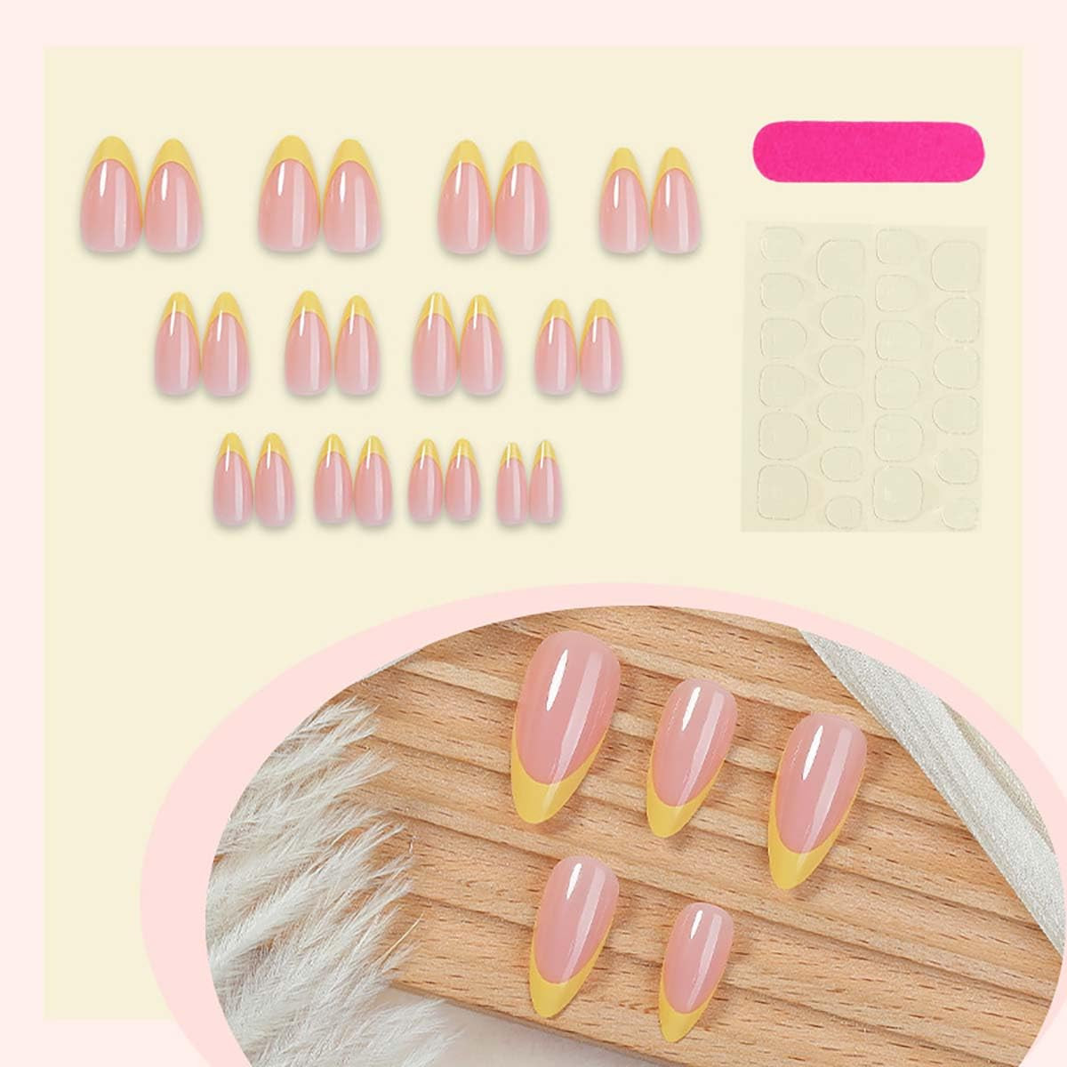 24Pcs French Tip Press on Nails Short Almond Fake Nails Yellow French False Nail