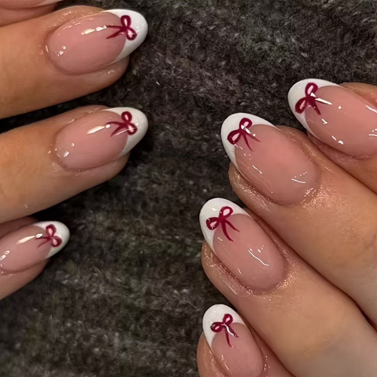24pcs Short Oval Press-On Nail Set – Glossy White Classic with Red Bow