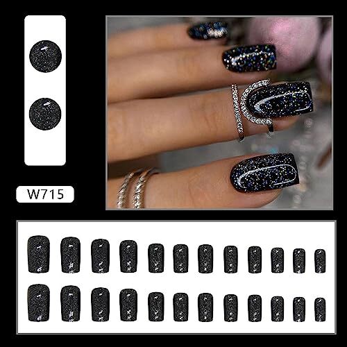 Black Press on Nails Medium Square Fake Nails Glossy False Black With Glitter