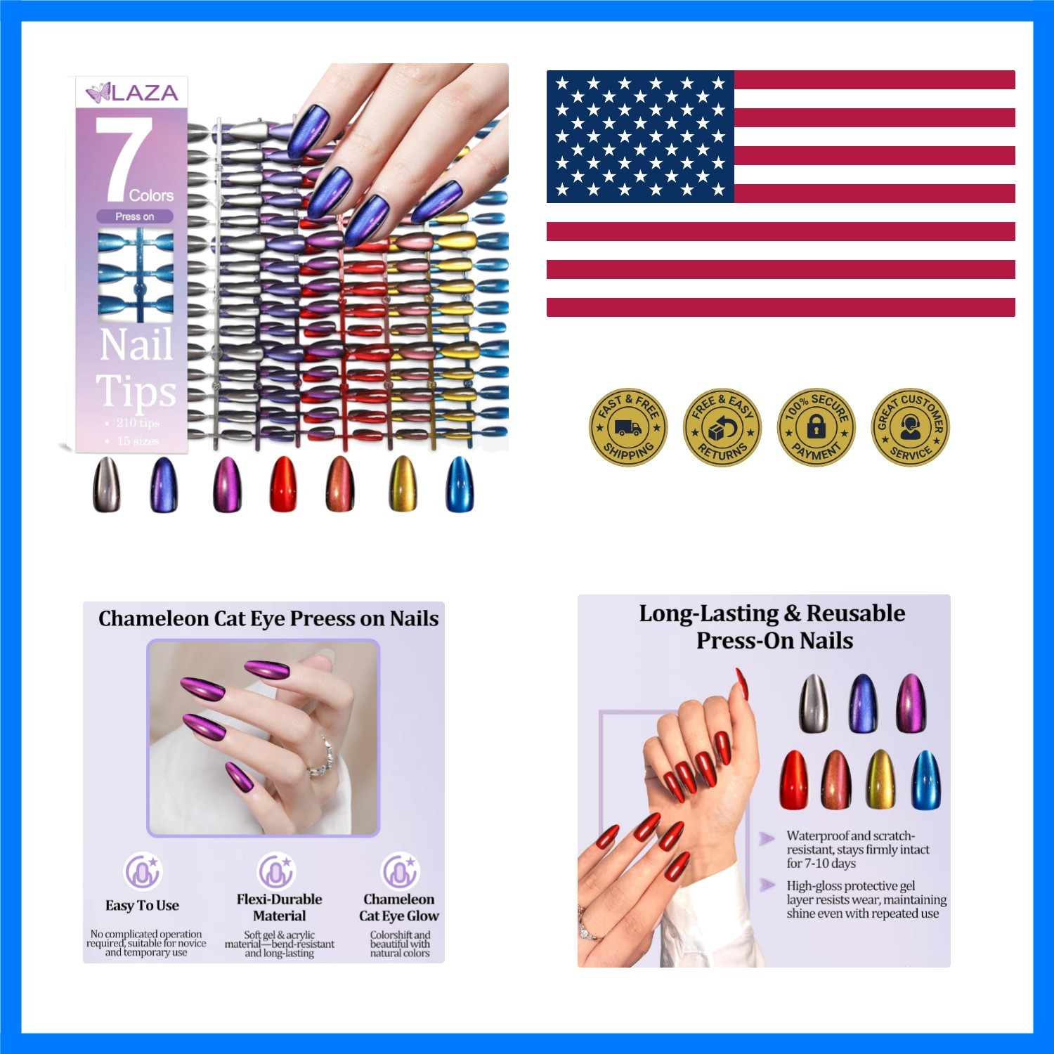 210pcs Cat Eye Press on Nails Almond 7 Colors Galaxy Acrylic Fake Nail | Reus…