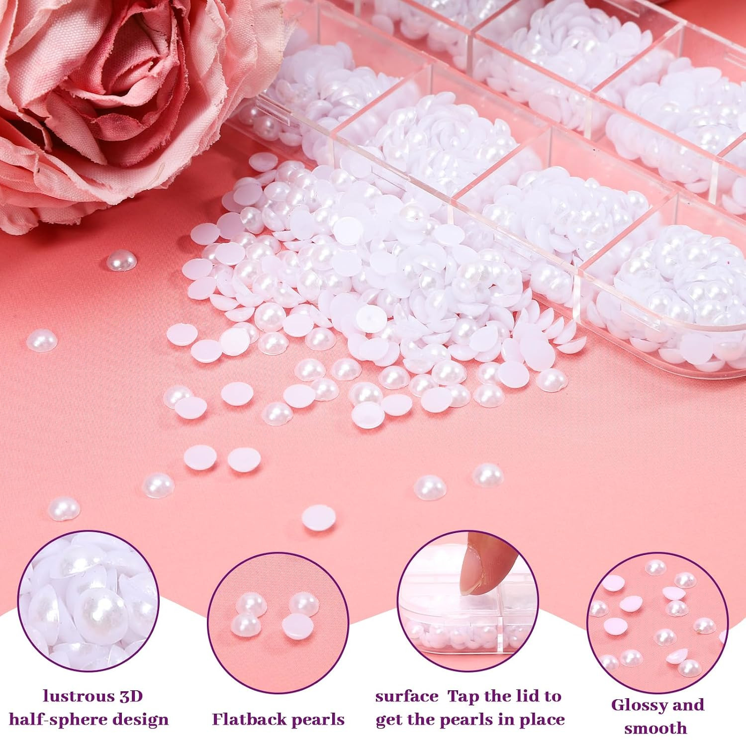 1600Pcs 4Mm White Half round Nail Pearls Kit for DIY Crafting | Flat Back Nail P