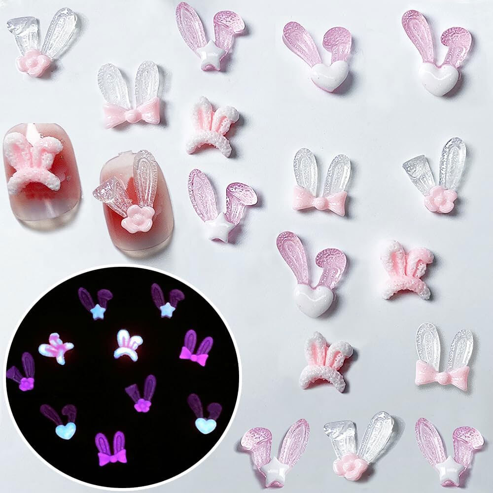 50Pcs Glow In The Dark Kawaii Nail Rabbit Ears Designs Unique Charms Jewelry