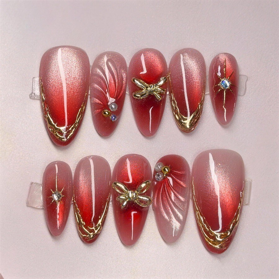 60Pcs-Long Almond Red Cat Eye Gradient Gold Bow Star Rhinestone Press on Nails